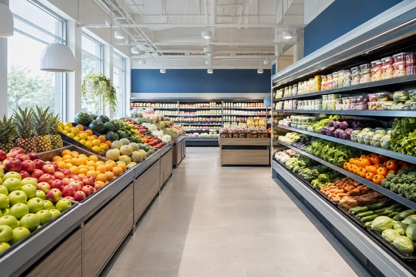 Illustrative supermarket grocery and produce aisles