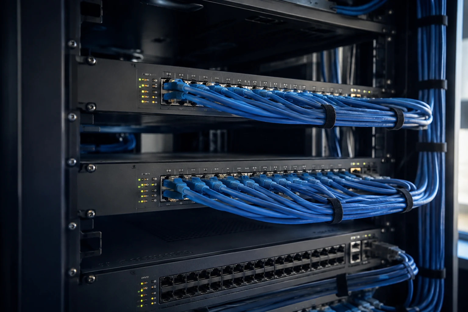 Illustrative network switches and blue ethernet cables